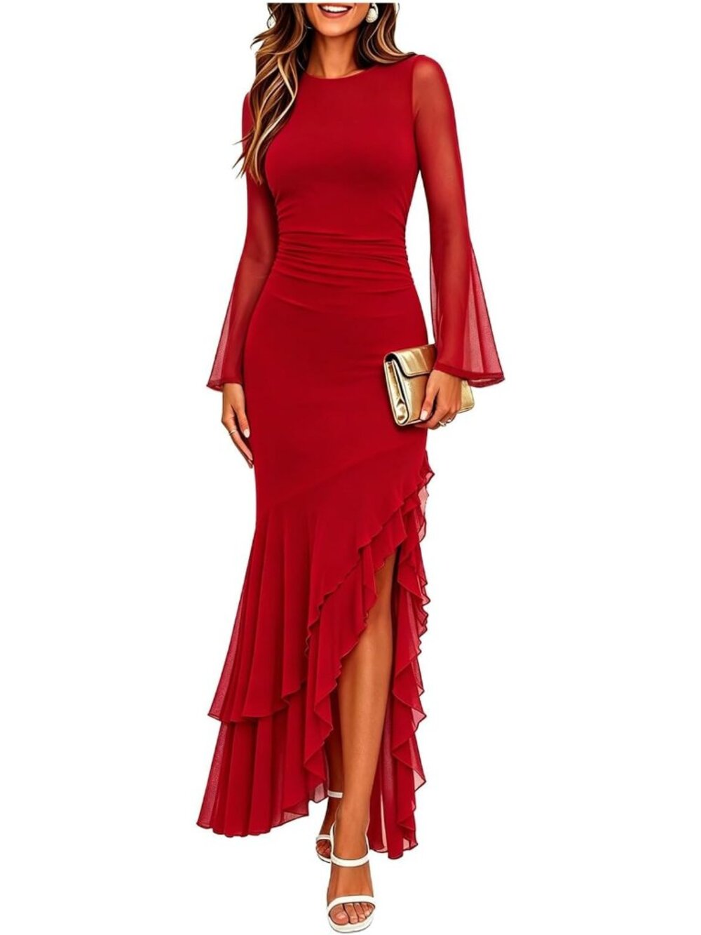 Women's Red Bodycon Mermaid Cocktail Long Sleeve Formal Wedding Maxi Dresses